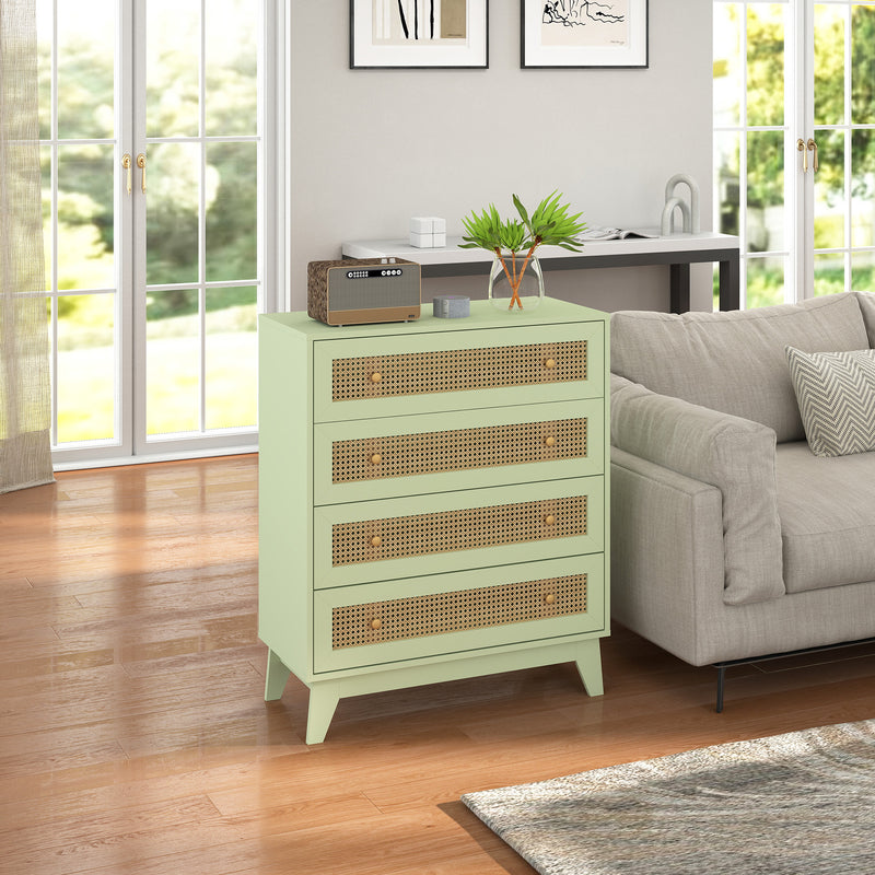 Light Green 4 Drawer Chest of Drawers with Rattan Front for Bedroom and Living Room Storage