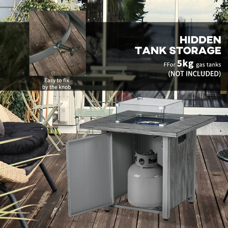 Grey Square Gas Fire Pit Table 71cm with Glass Screen and Cover for Outdoor Heating 50000 BTU