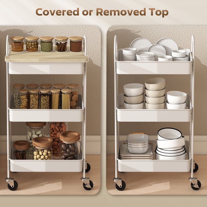 3 Tier Rolling Kitchen Storage Trolley with Worktop and Shelves for Home Use, White Oak