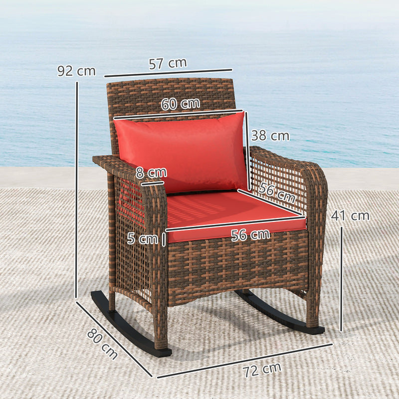Red Rattan Rocking Chair with Cushions Steel Frame for Garden Patio Balcony by Outsunny