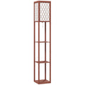 Brown Standing Floor Lamp With Three Shelves and White Fabric Shade for Living Room