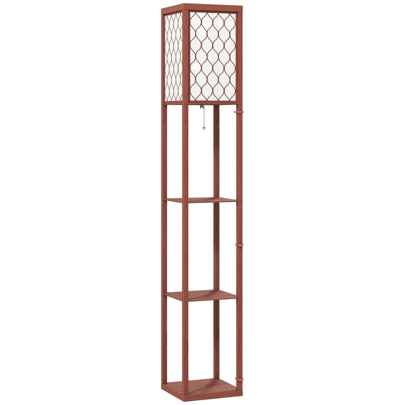 Brown Standing Floor Lamp With Three Shelves and White Fabric Shade for Living Room