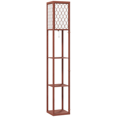 Brown Standing Floor Lamp With Three Shelves and White Fabric Shade for Living Room