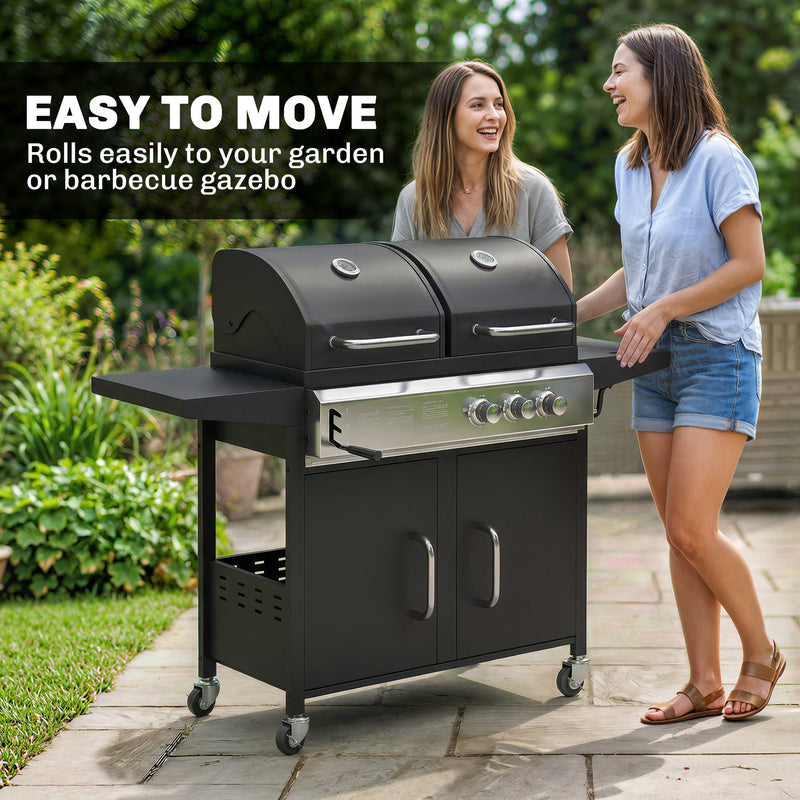Dual Fuel BBQ Grill with 2900cm² Cooking Area, Side Burner and Storage Cabinet, Black Outsunny