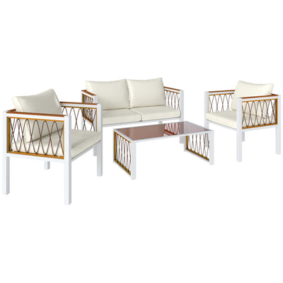 Rattan Garden Furniture Set for 4 with Cushions and Glass Coffee Table Cream White Outsunny