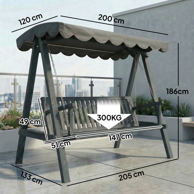 Grey Wooden Garden Swing Chair for 3 Adults with Canopy for Shade and Comfort Outsunny