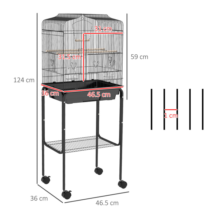 Black Bird Cage for Budgies Canaries Finches with Stand Wheels Storage Shelf by PawHut