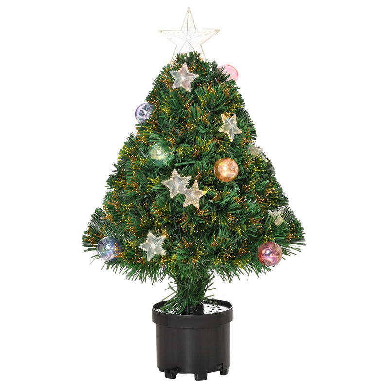 2ft green fibre optic tabletop Christmas tree in a black pot with a star topper and baubles