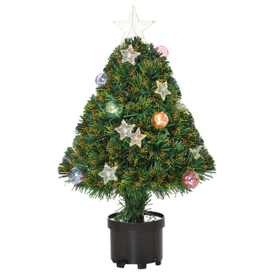 2ft green fibre optic tabletop Christmas tree in a black pot with a star topper and baubles