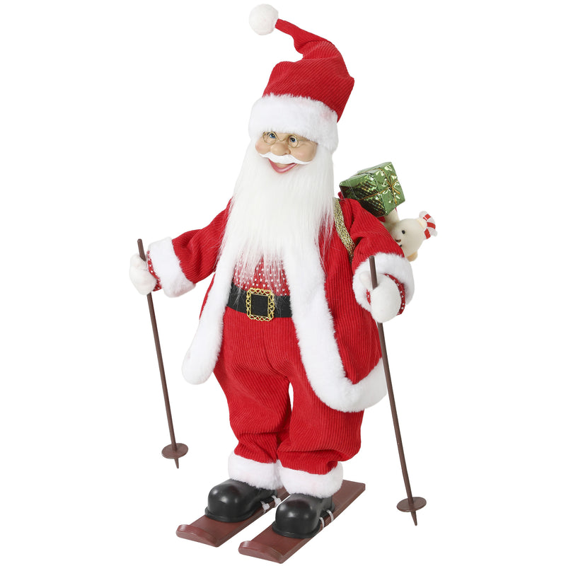 Red skiing Santa Claus figure with skis and poles on a white background