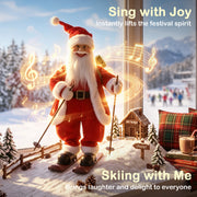 Skiing Santa figure in a snowy scene with a Skiing with Me caption