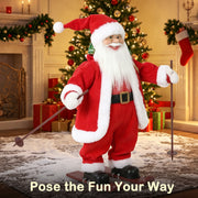 Skiing Santa with bendable arms posed by a fireplace and Christmas tree