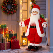 Skiing Santa figure by a front door with gifts and a lantern