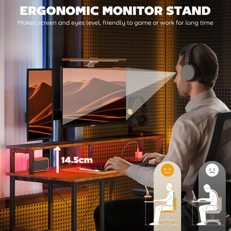 Rustic Brown Computer Desk with LED Lights and Power Outlets 120cm by HOMCOM