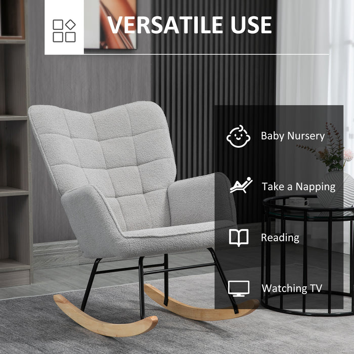 Wingback Nursery Rocking Chair With Berber Fleece Ideal for Nursing and Relaxing Light Grey