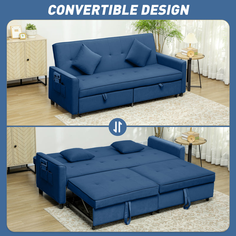 Blue Three Seater Velvet Feel Sofa Bed Comfortable and Stylish by HOMCOM