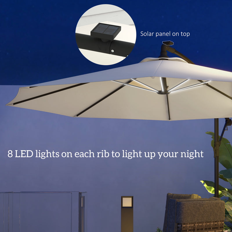 Beige 3m Cantilever Garden Parasol With Solar LED Lights For Shaded Outdoor Relaxing