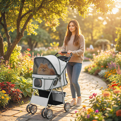 Pet Stroller for Small Dogs and Cats with Mesh Windows and Storage Basket Grey AOSOM