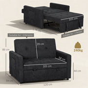 2 Seater Sofa Bed for Small Spaces with Adjustable Backrest and Storage Pockets Black AOSOM