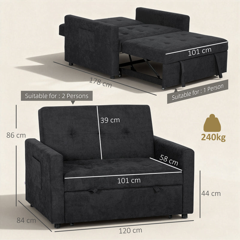 2 Seater Sofa Bed for Small Spaces with Adjustable Backrest and Storage Pockets Black AOSOM