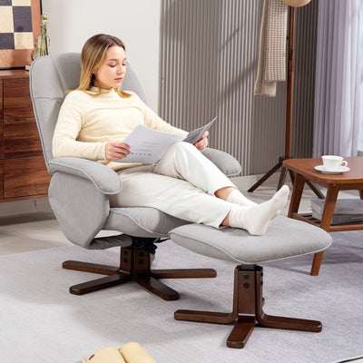 Light Grey Linen Swivel Recliner Chair with Footstool and Wooden Base for Living Room by HOMCOM