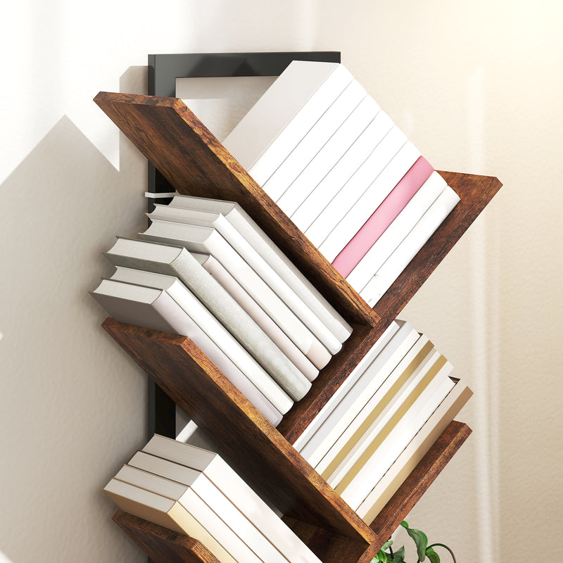 Six Section Tree Shaped Bookcase With Open Display Shelves For Home Storage Wood Effect