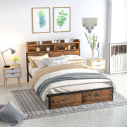 King Size Industrial Bed Frame With Storage Headboard And Slatted Base Rustic Brown