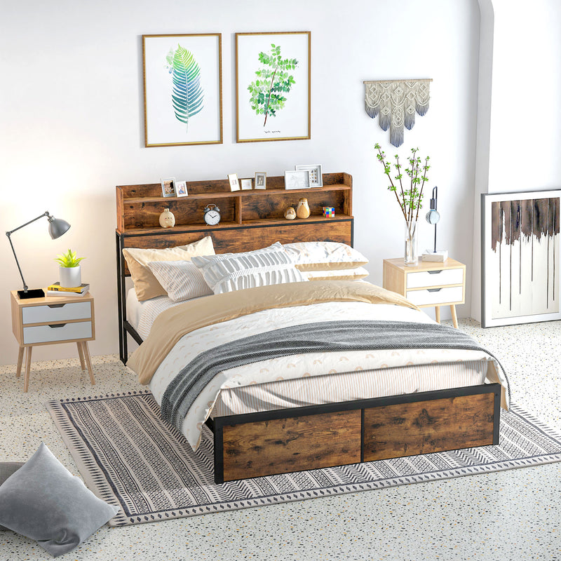 King Size Industrial Bed Frame With Storage Headboard And Slatted Base Rustic Brown