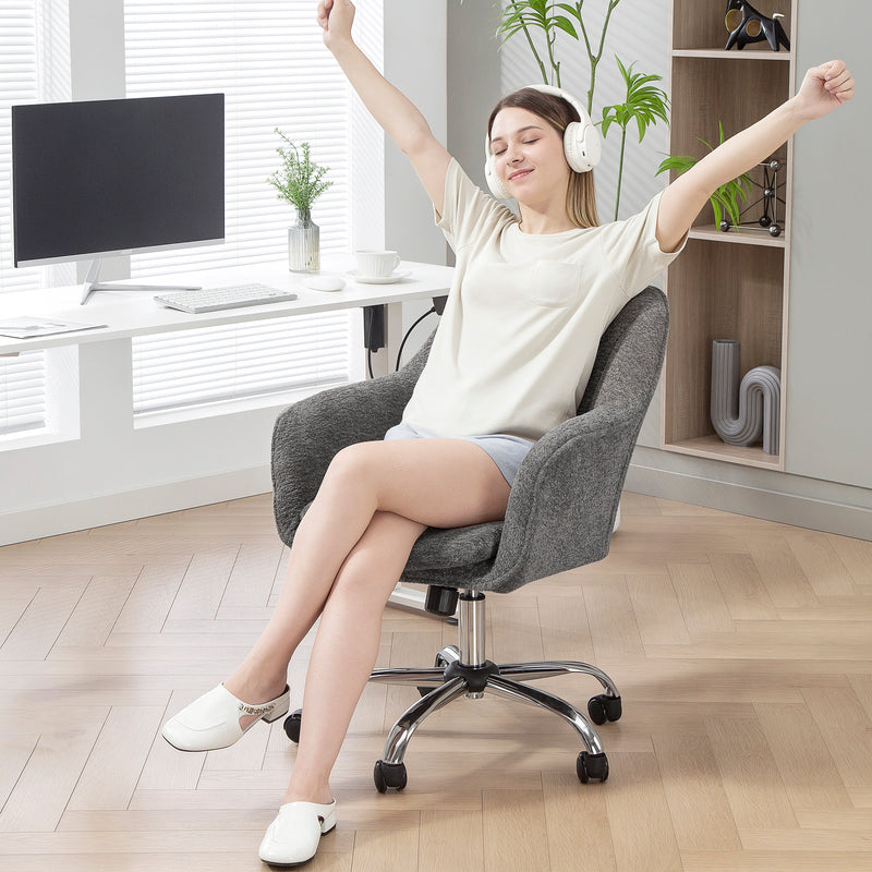 Grey Velvet Feel Swivel Office Chair With Padded Seat And Adjustable Height