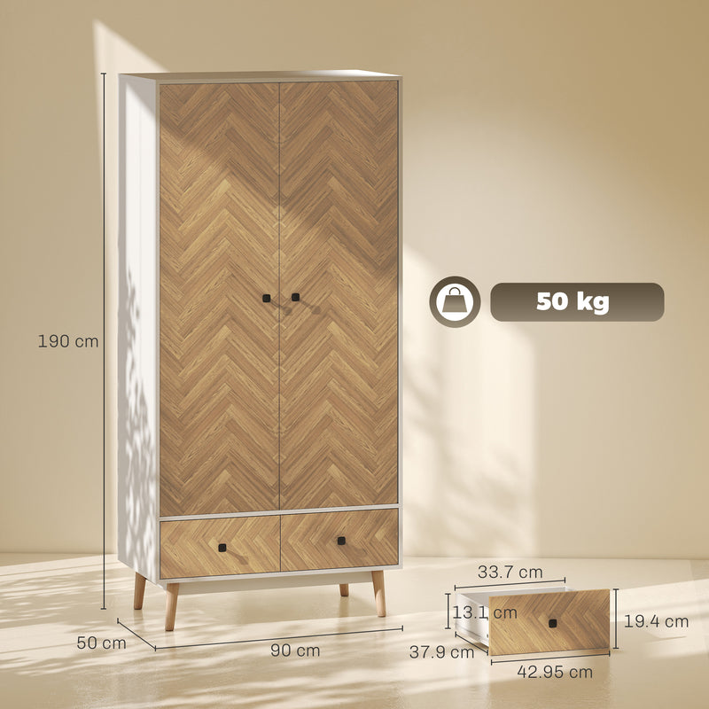 Wardrobe with Hanging Rail and Drawers for Organised Bedroom Storage White and Natural Wood