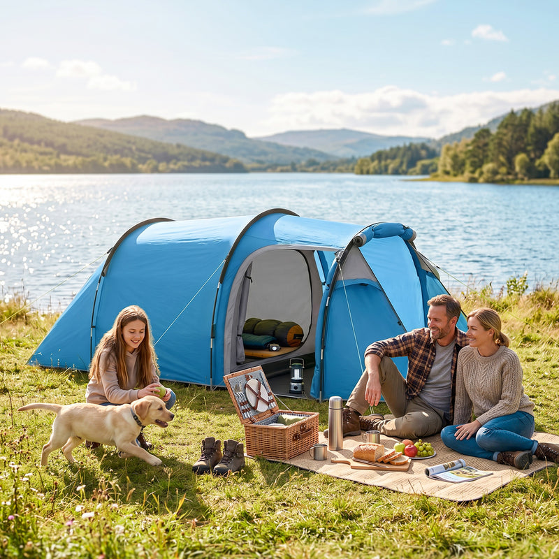 Outsunny 2 Room Tent with Vestibule, Weather-Resistant Camping Tent with Air Vents for Fishing Hiking, Sky Blue