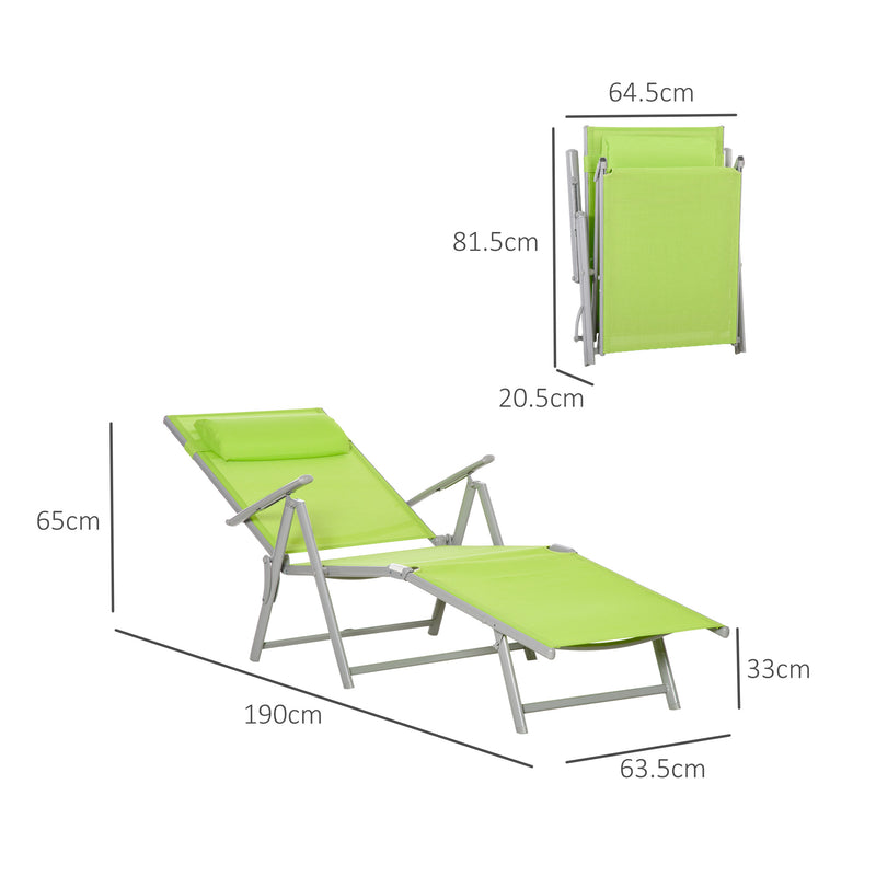 Green Folding Sun Lounger with Pillow and 7 Position Backrest for Garden and Patio Relaxing
