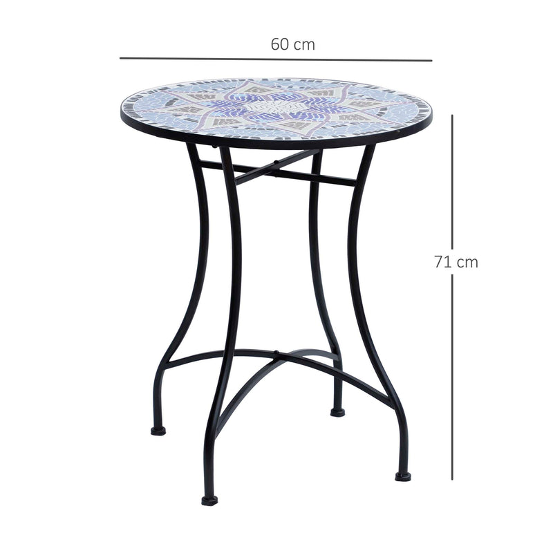 Small Round Mosaic Garden Side Table with 60cm Ceramic Top for Patio or Balcony