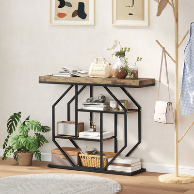 4 Tier Industrial Console Table With Storage Shelves For Hallway Or Living Room Rustic Brown AOSOM