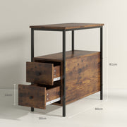 Set of 2 Industrial Style Narrow Bedside Tables with Drawers and Shelf for Small Spaces Rustic Brown