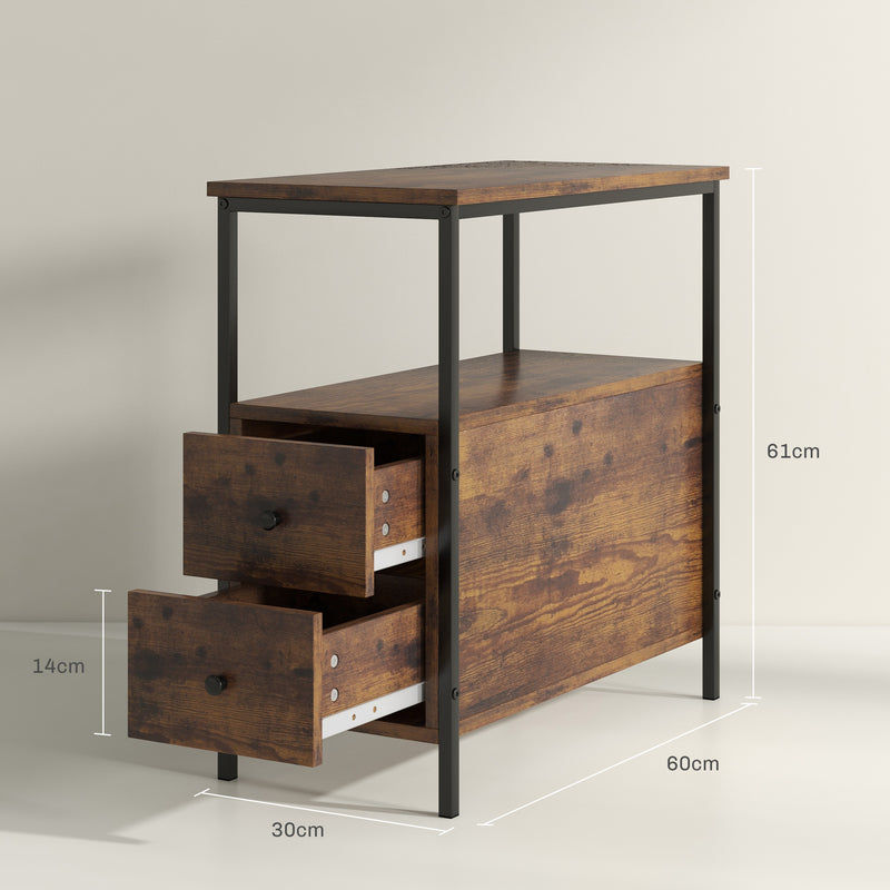 Set of 2 Industrial Style Narrow Bedside Tables with Drawers and Shelf for Small Spaces Rustic Brown