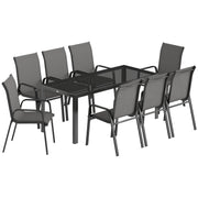 8 Seater Garden Dining Set with Large Rectangular Black Glass Table and Weatherproof Stackable Chairs Outsunny