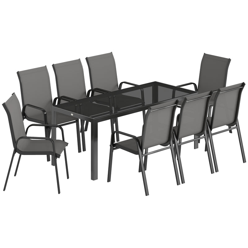 8 Seater Garden Dining Set with Large Rectangular Black Glass Table and Weatherproof Stackable Chairs Outsunny