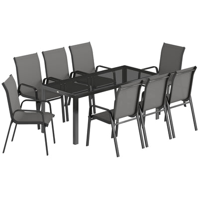 8 Seater Garden Dining Set with Large Rectangular Black Glass Table and Weatherproof Stackable Chairs Outsunny