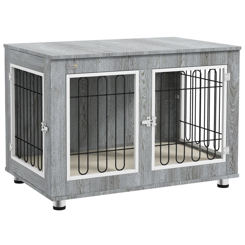 Dog Crate Side Table for Medium and Large Dogs with Cushioned Base and Lockable Doors Grey