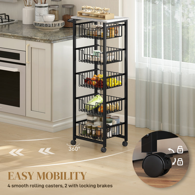 Mobile Kitchen Island with Five Storage Baskets and Lockable Wheels for Easy Movement Grey Black