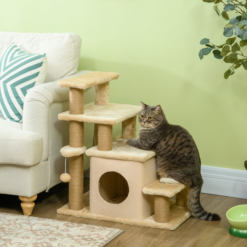 Beige Adjustable Cat Steps with House and Hanging Toy for Indoor Play by PawHut