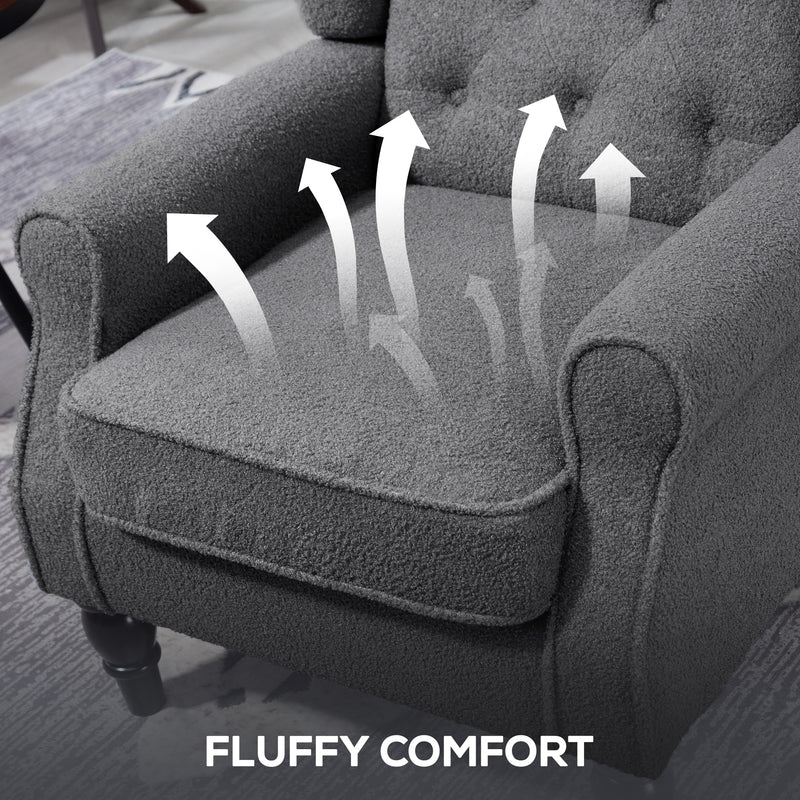 Retro Wingback Armchair with Soft Teddy Fleece Upholstery for Living Room Comfort Grey