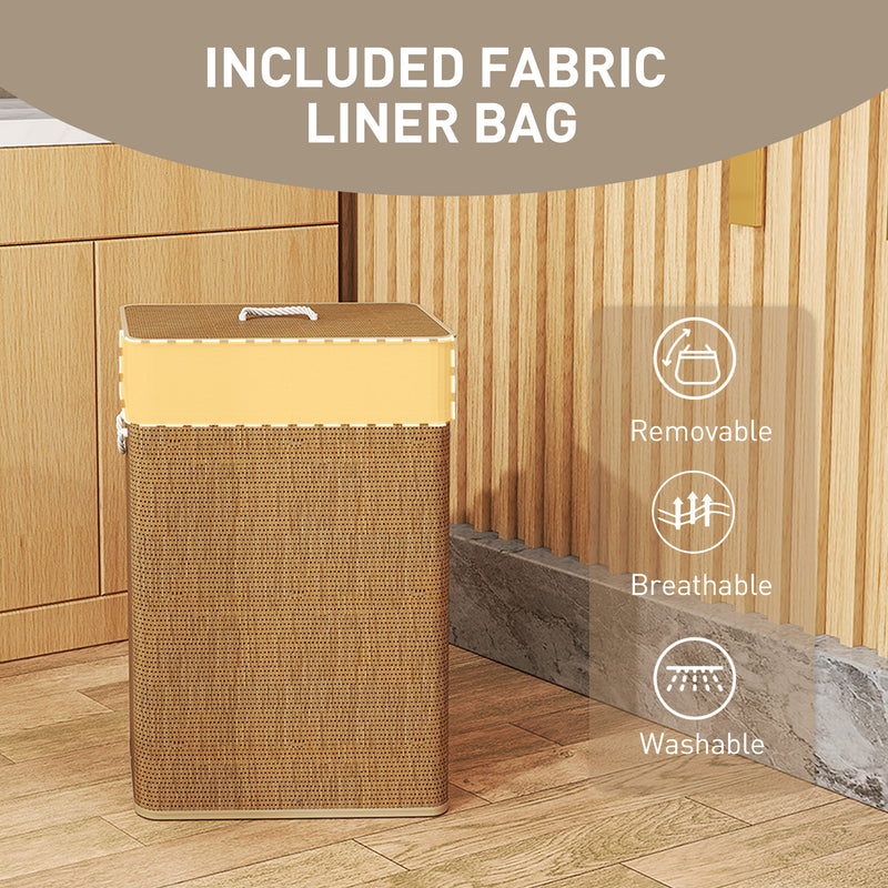 Brown Bamboo Laundry Basket with Lid and 72L Removable Liner for Bedroom or Bathroom