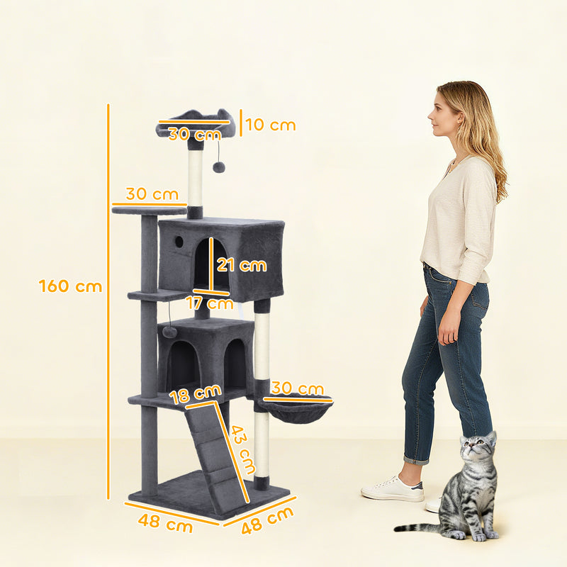 Large 160cm Cat Tree Tower with Hammock Condos Scratching Posts and Ladder Dark Grey AOSOM