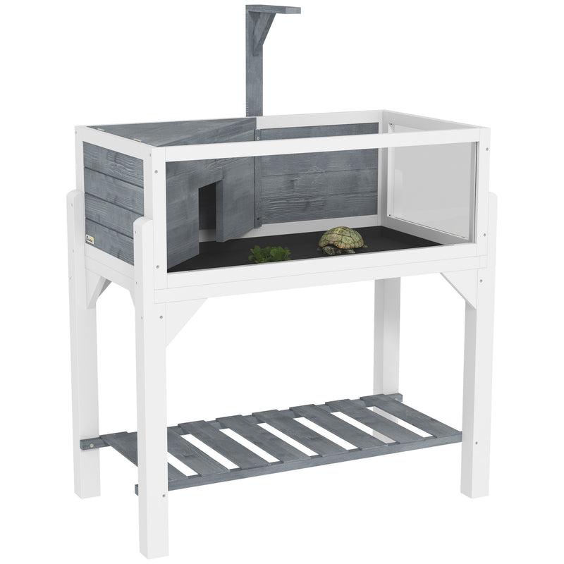 Wooden Tortoise House with Storage Shelf Clear Windows Lamp Holder and Tray Grey by PawHut
