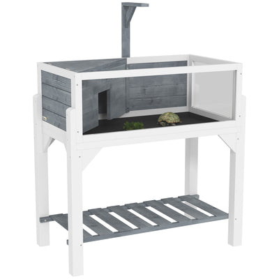 Wooden Tortoise House with Storage Shelf Clear Windows Lamp Holder and Tray Grey by PawHut