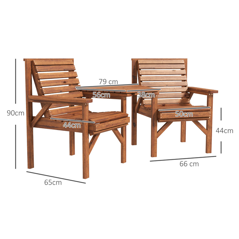 Wooden Garden Love Seat With Built In Coffee Table And Parasol Hole For Outdoors Tan Brown AOSOM