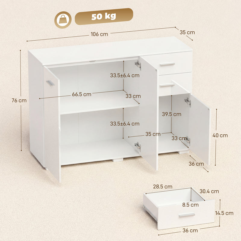 Sideboard with Adjustable Shelf for Organised Storage High Gloss White AOSOM