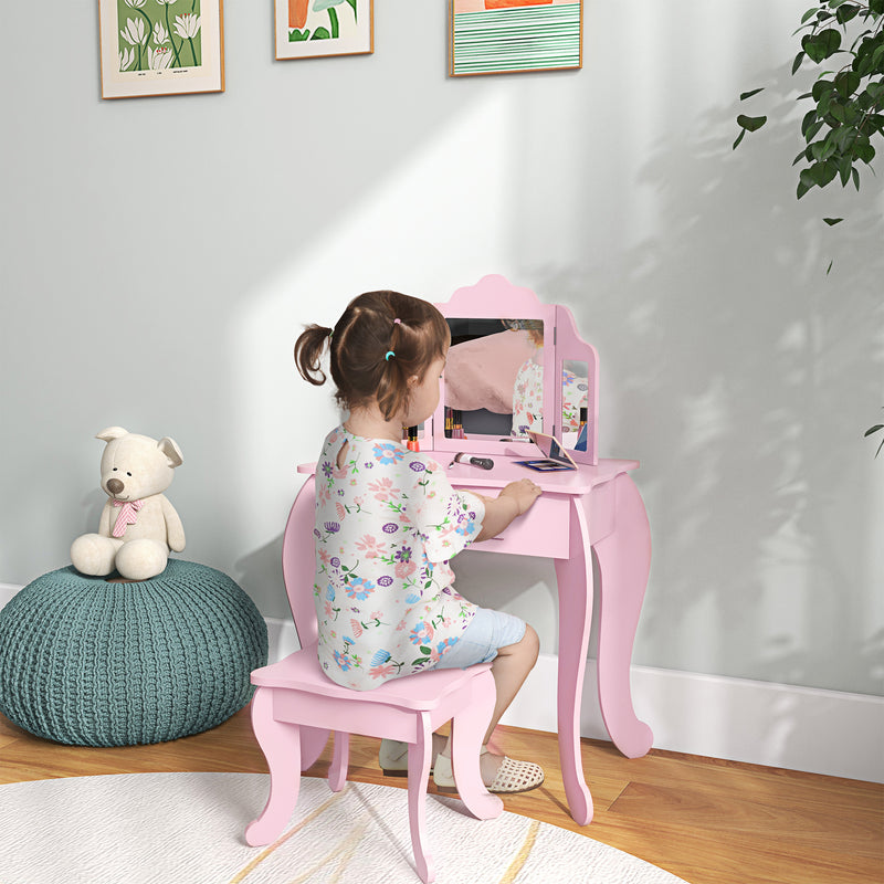 Kids Dressing Table Set with Tri Folding Mirror Drawer and Stool for Bedrooms Pink